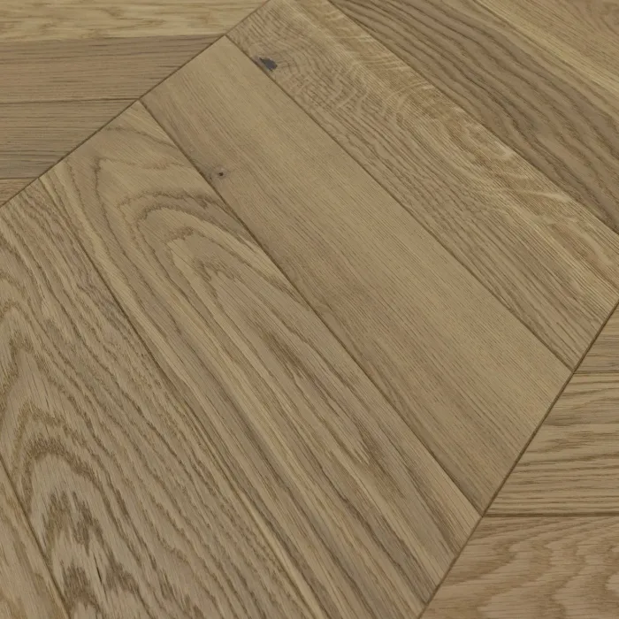 Dąb Porcelain (Chevron – jodełka francuska) Olejowosk, Szczotkowanie, Fazowanie V4 Wymiary: 420x90x13,0/3,0(+/-0,5) mm